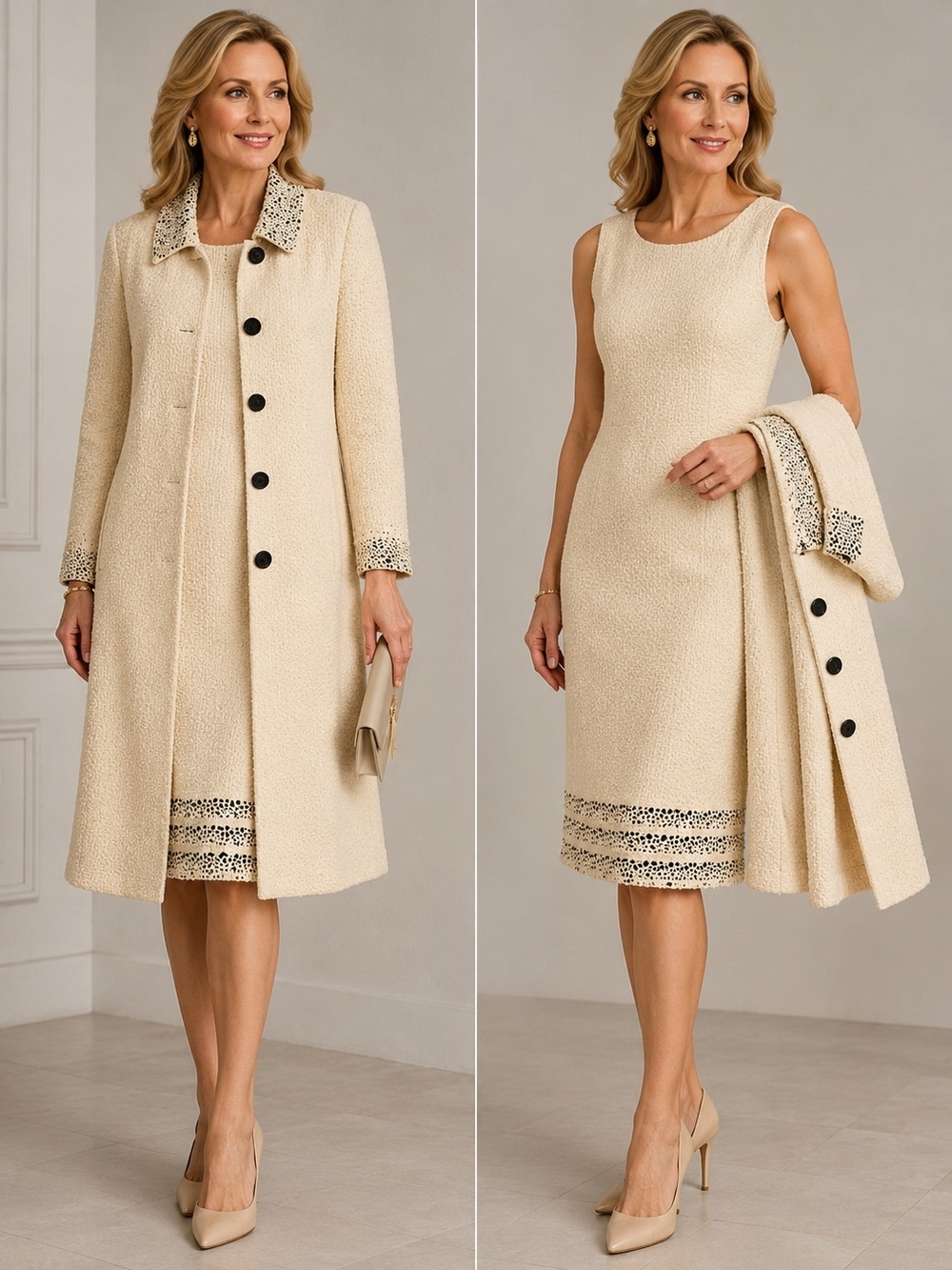 St. John Cream Sleeveless Midi Dress with Matching Coat